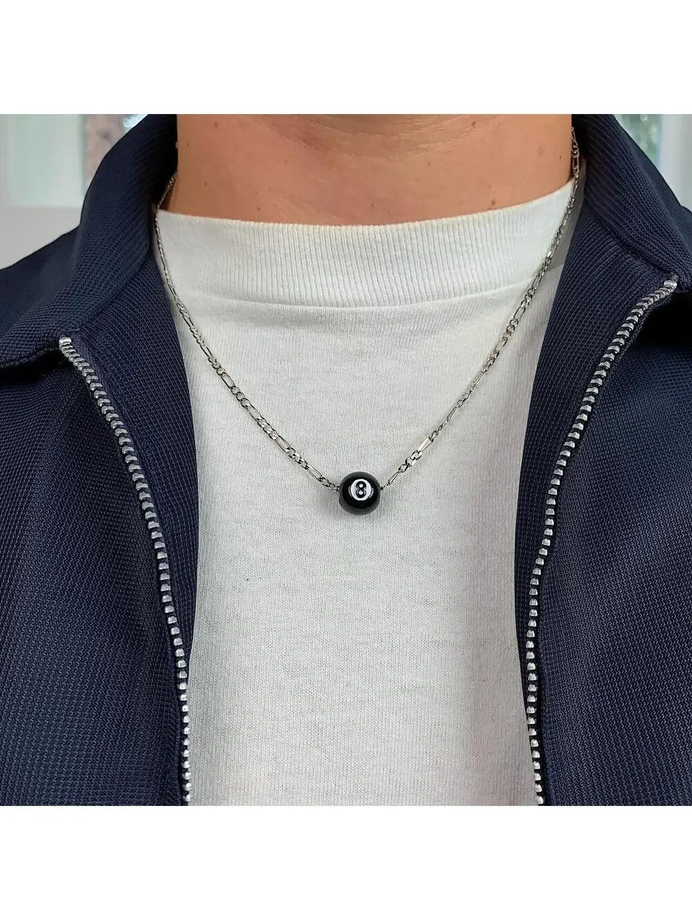 Cyber Y2k Figaro silver chain 8 ball pendant necklace. Cool simple design.
